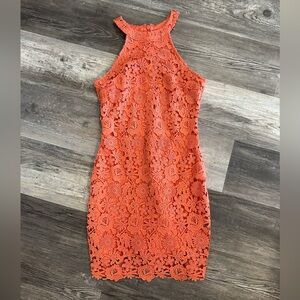 Lulu's Coral Lace Halter Dress